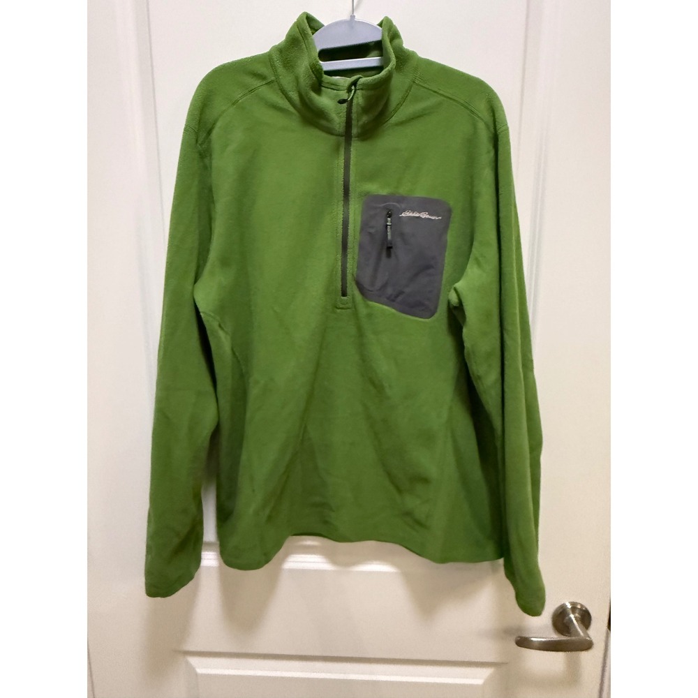 Eddie Bauer Mens Large Green Quarter Zip Fleece Pullover Chest Pocket Hiking